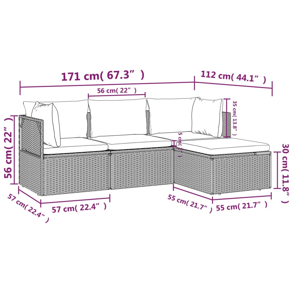 4-delige Loungeset met kussens poly rattan grijs – afbeelding 11