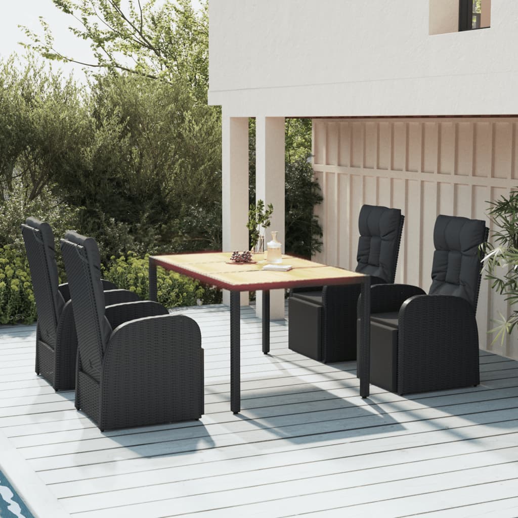 5-delige Tuinset poly rattan en massief acaciahout zwart
