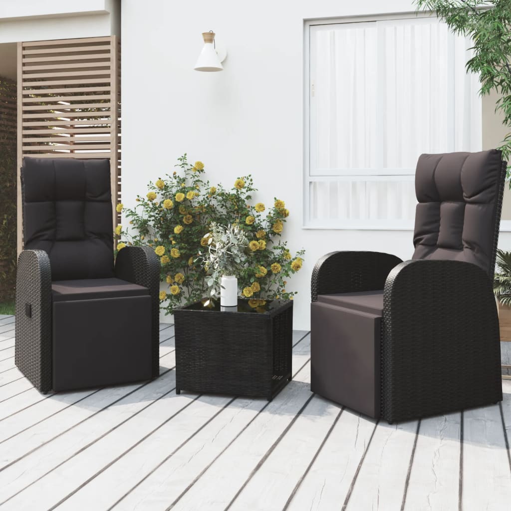 3-delige Loungeset poly rattan en staal zwart – afbeelding 1