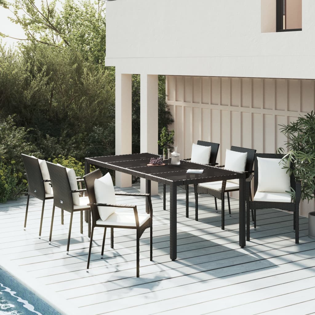 7-delige Tuinset met kussens poly rattan zwart – afbeelding 1