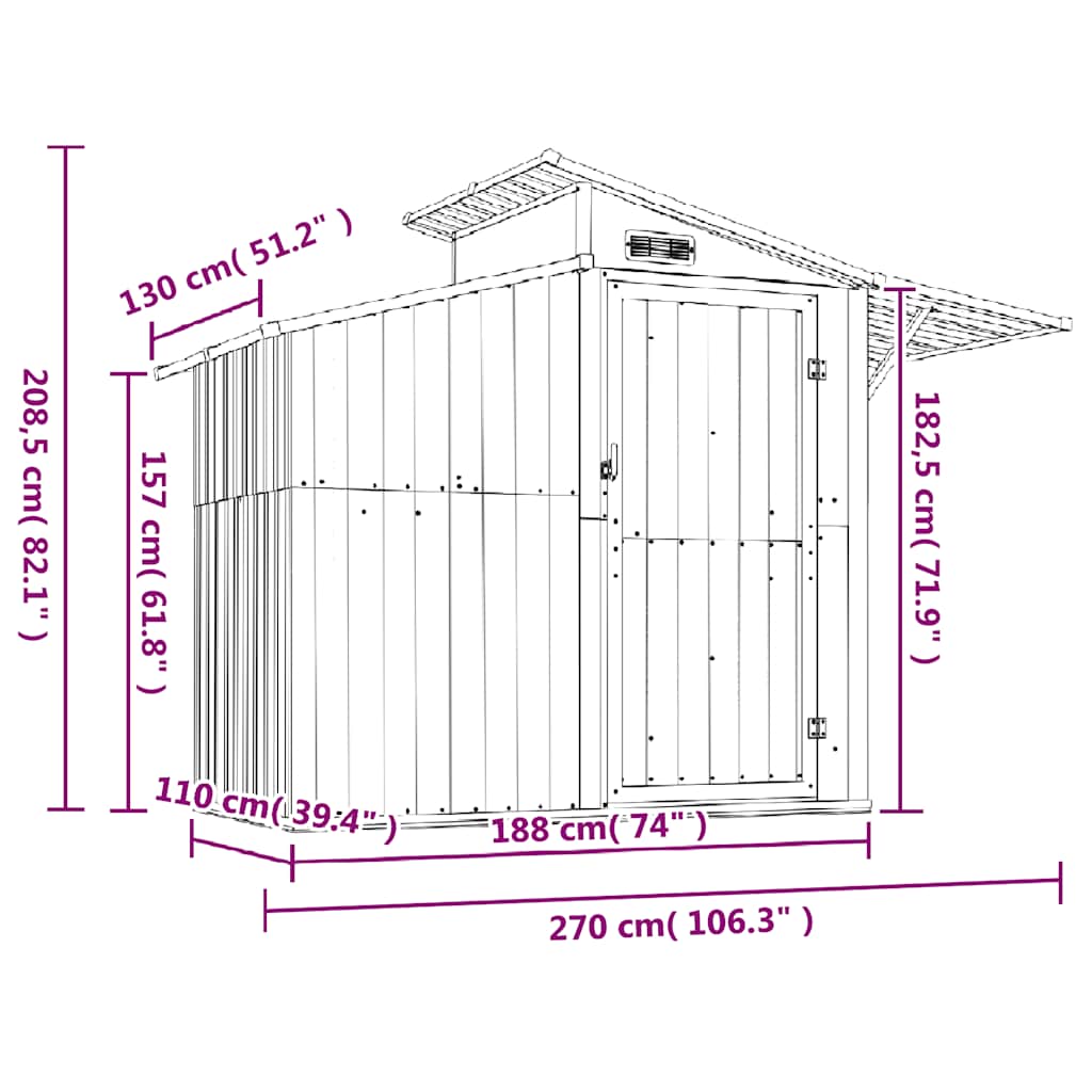 Tuinschuur 270x130x208,5 cm gegalvaniseerd staal antracietkleur – afbeelding 7