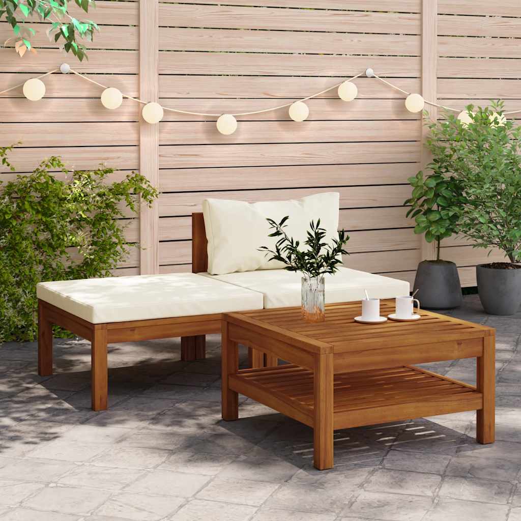 3-delige Loungeset met crèmewitte kussens acaciahout – afbeelding 1