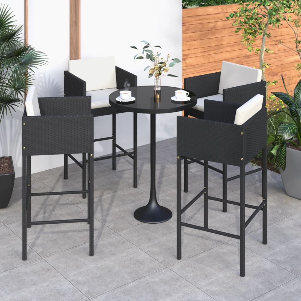Barkrukken 4 st met kussens poly rattan zwart – afbeelding 1