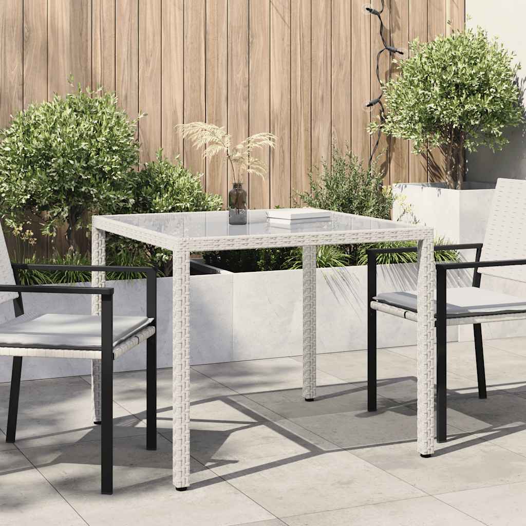 Tuintafel 90x90x75 cm gehard glas en poly rattan wit