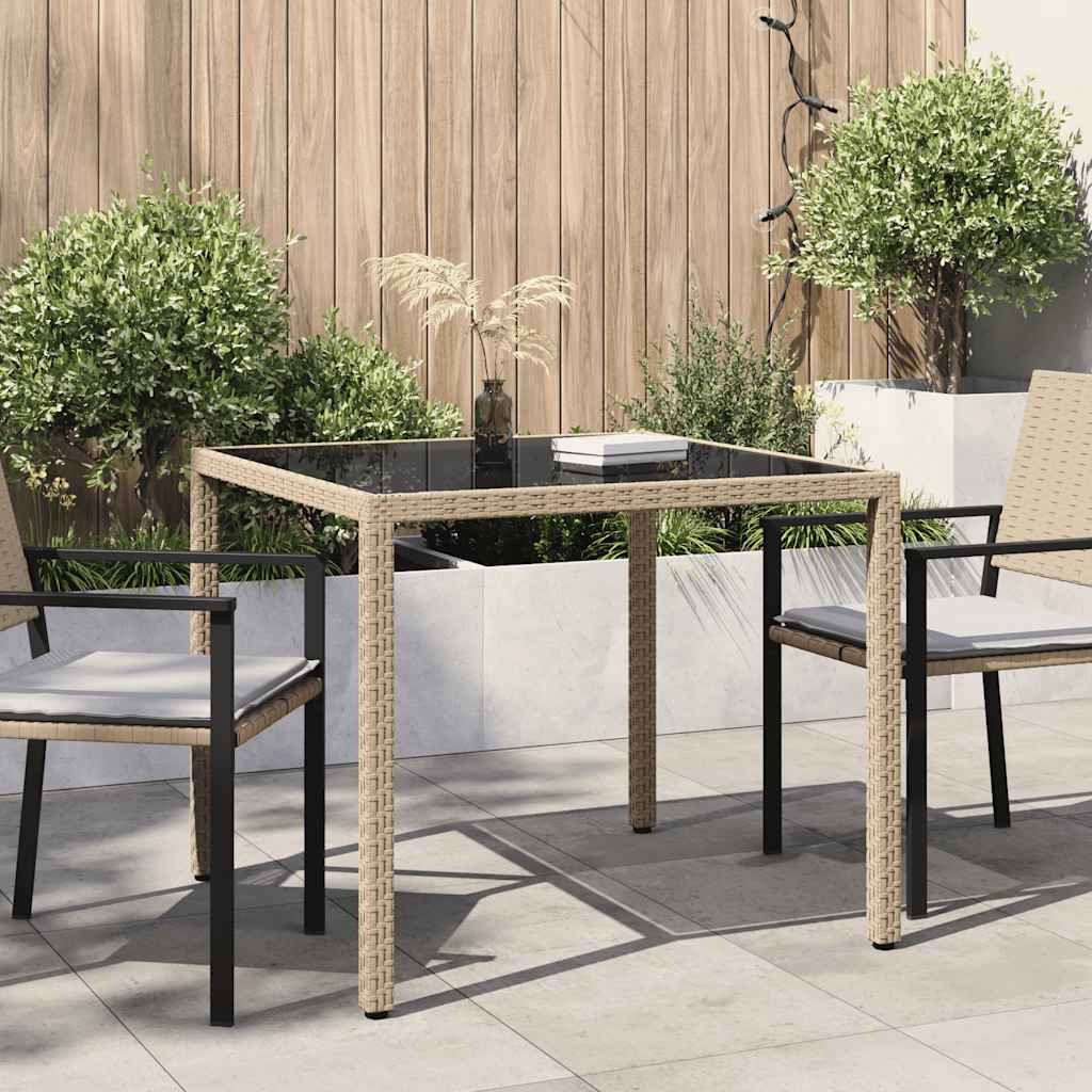 Tuintafel 90x90x75 cm gehard glas en poly rattan beige