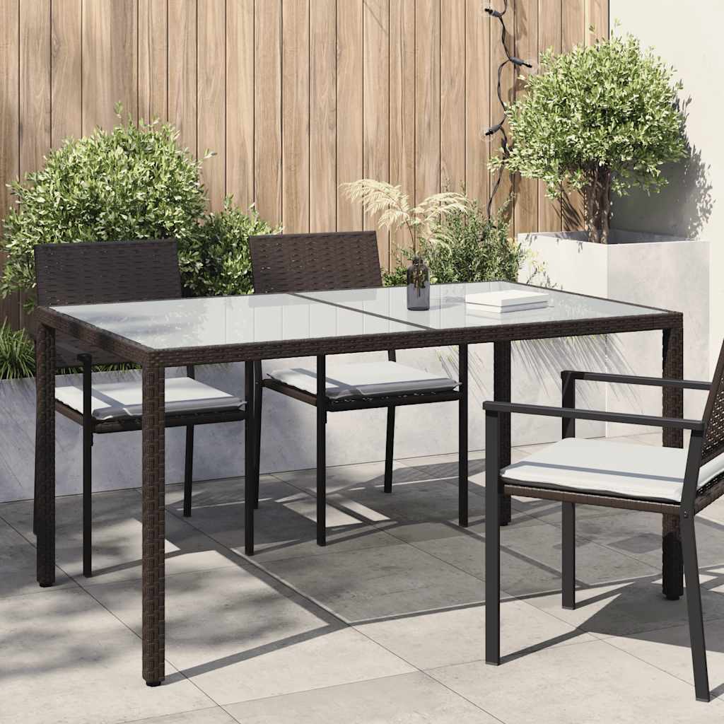 Tuintafel 150x90x75 cm gehard glas en poly rattan bruin