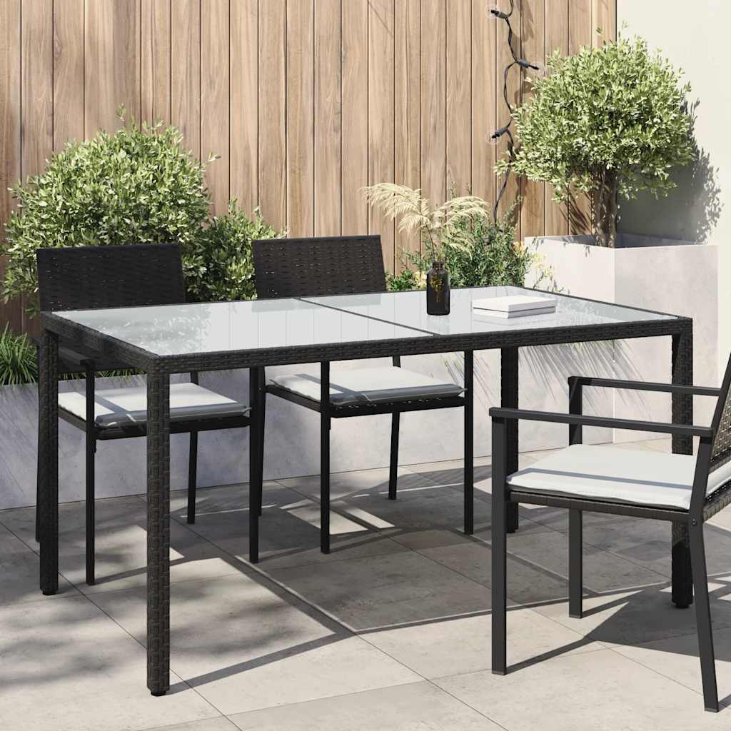 Tuintafel 150x90x75 cm gehard glas en poly rattan zwart