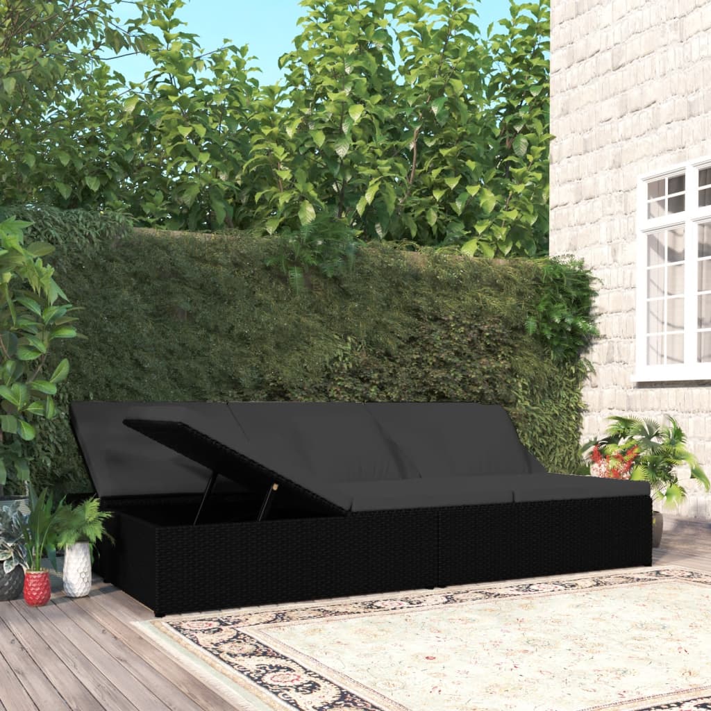 Ligbed met kussens converteerbaar poly rattan zwart – afbeelding 1