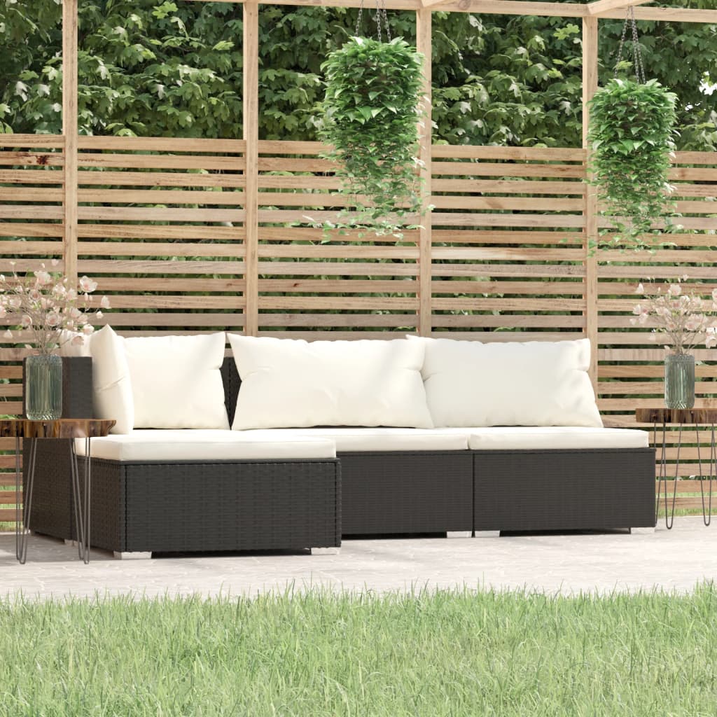 4-delige Loungeset met kussens poly rattan zwart – afbeelding 1