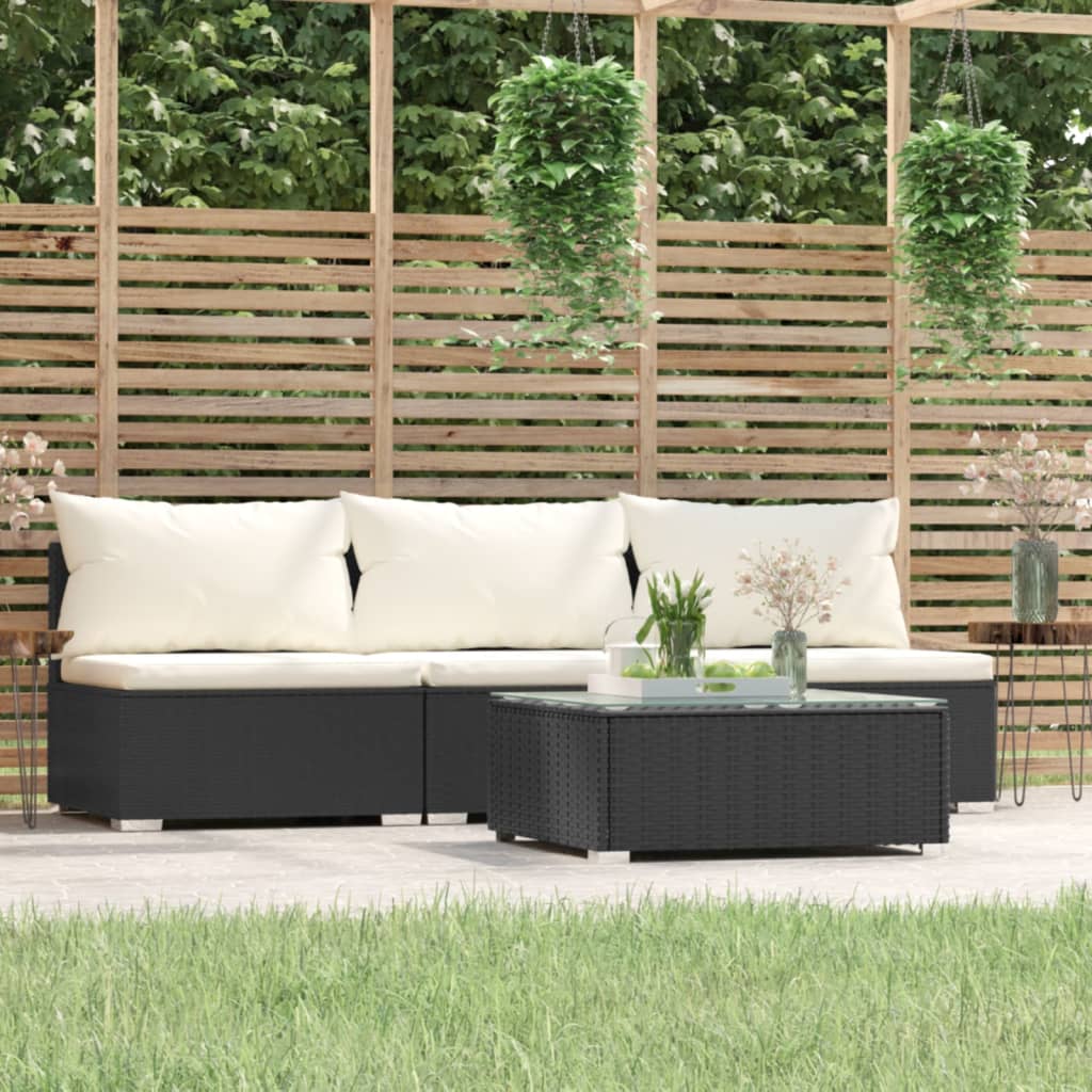 4-delige Loungeset met kussens poly rattan zwart – afbeelding 1