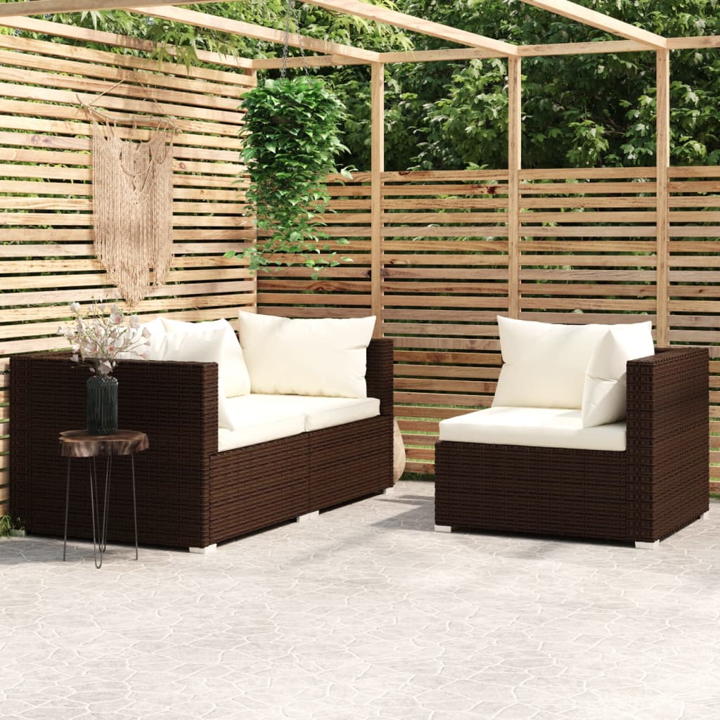 3-delige Loungeset met kussens poly rattan bruin – afbeelding 1