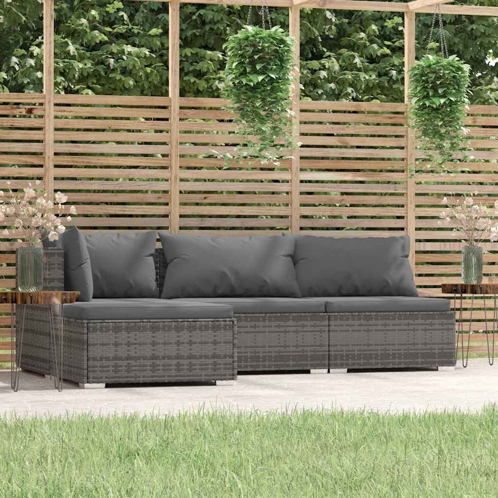 4-delige Loungeset met kussens poly rattan grijs – afbeelding 1