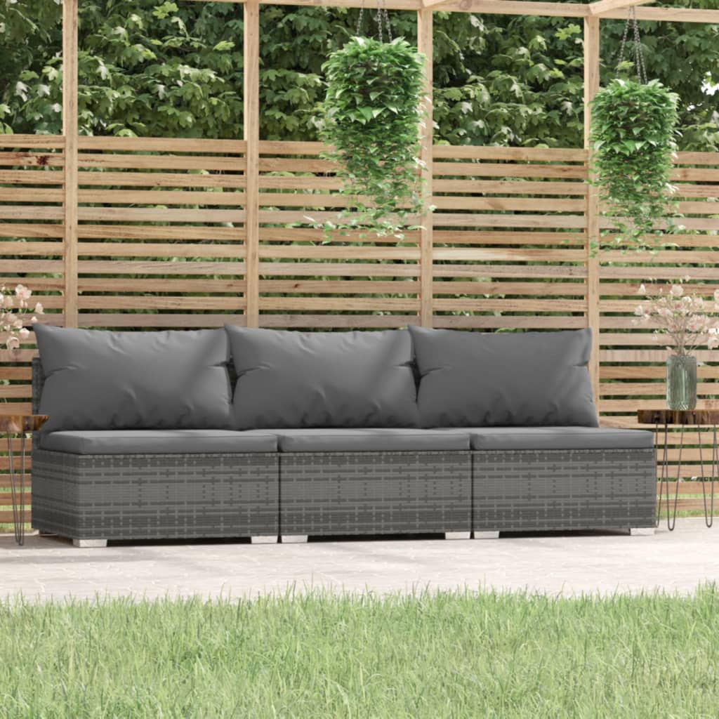 Driezitsbank met kussens poly rattan grijs