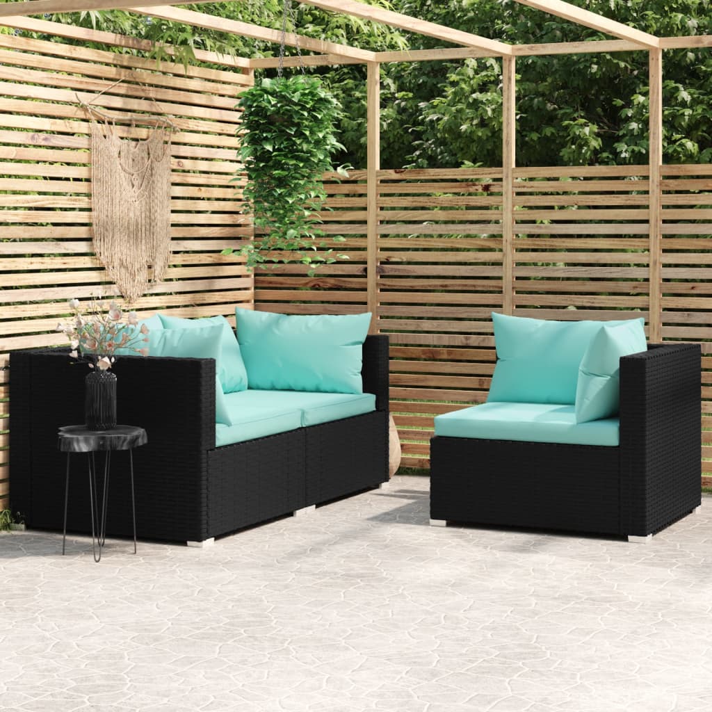 3-delige Loungeset met kussens poly rattan zwart – afbeelding 1