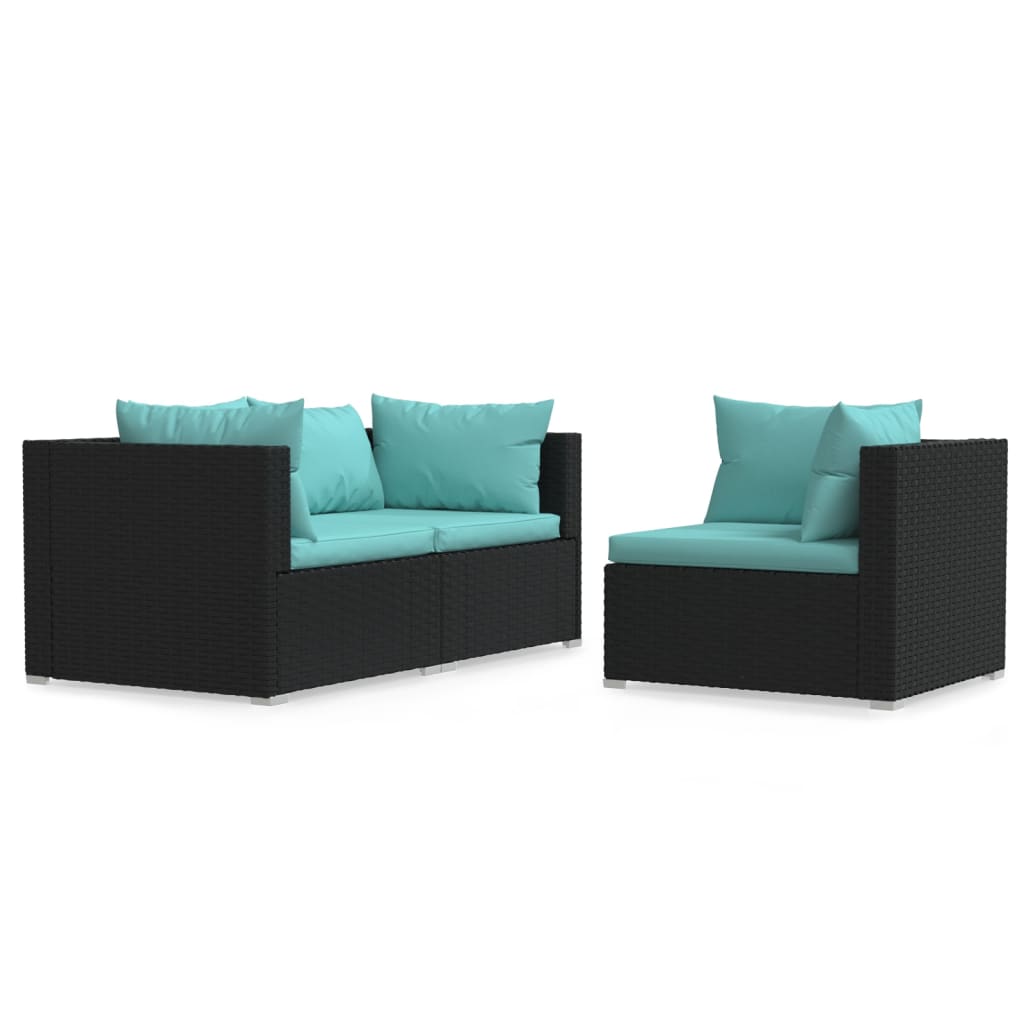 3-delige Loungeset met kussens poly rattan zwart – afbeelding 2