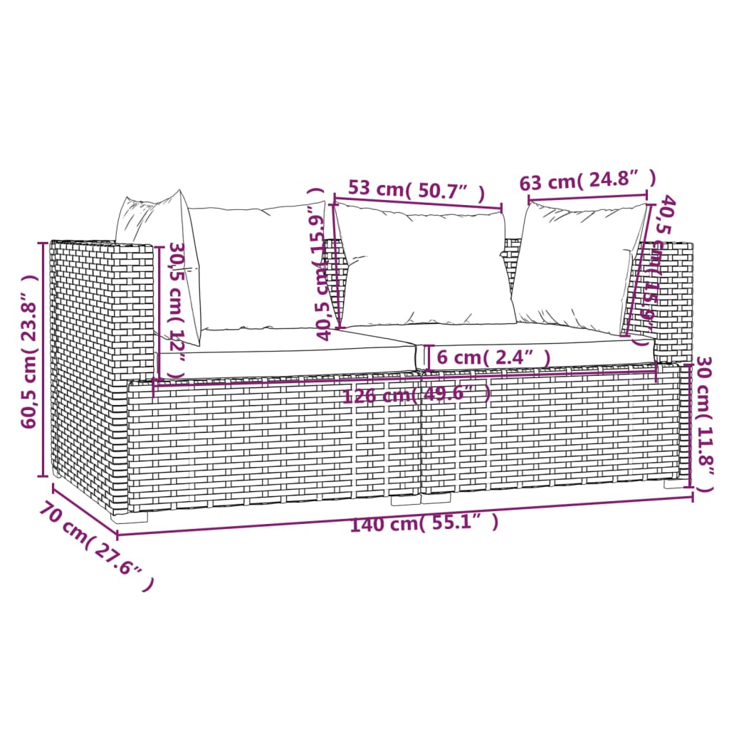 3-delige Loungeset met kussens poly rattan zwart – afbeelding 7