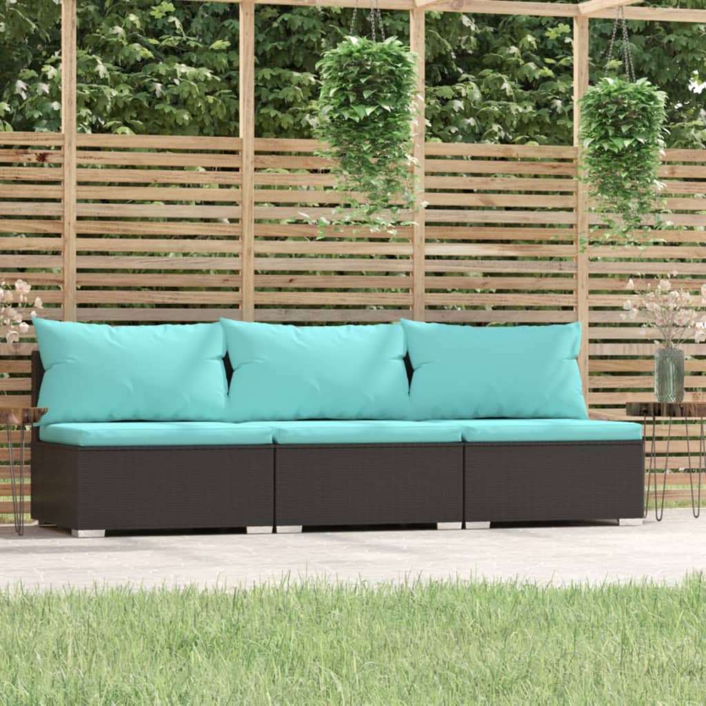 Driezitsbank met kussens poly rattan zwart