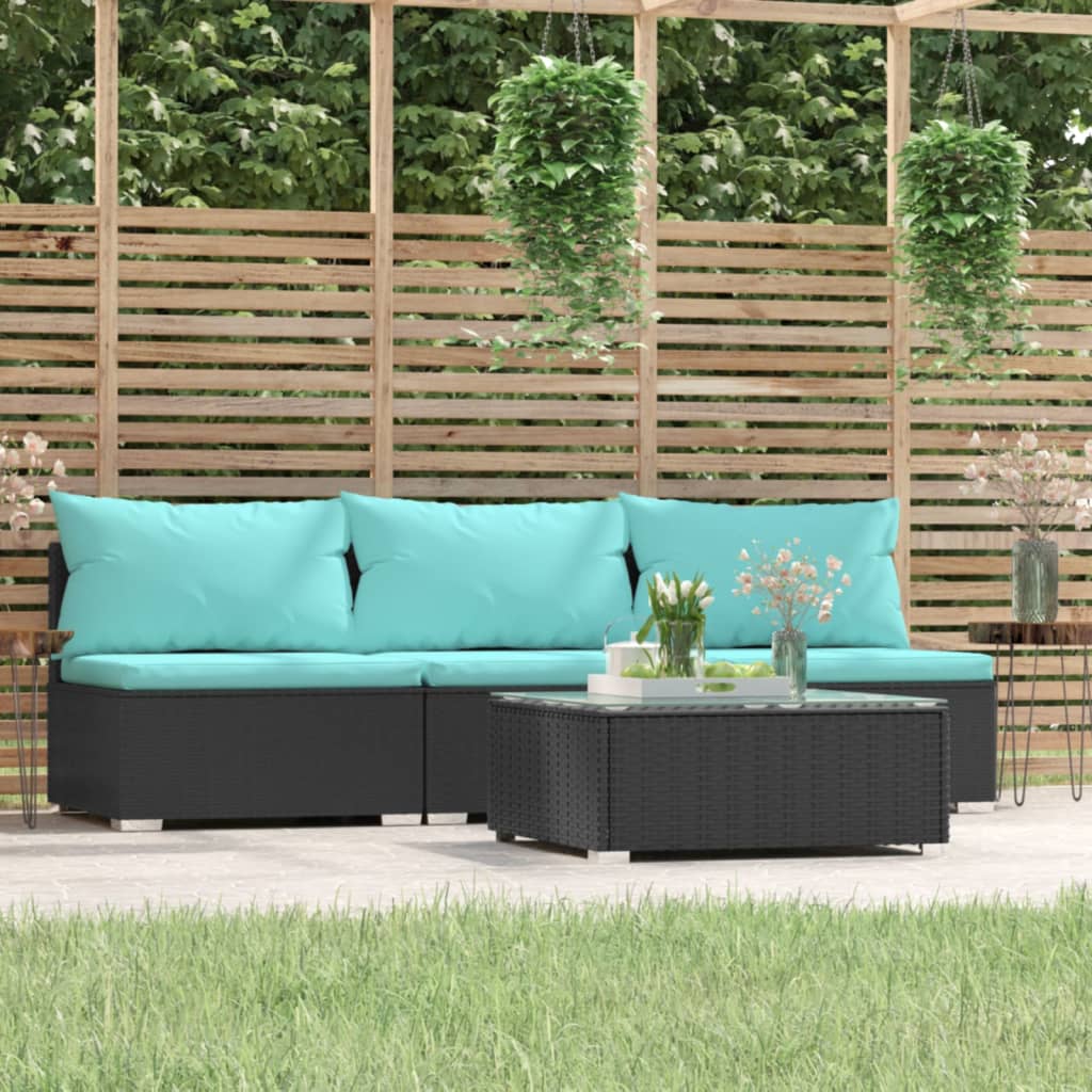 4-delige Loungeset met kussens poly rattan zwart