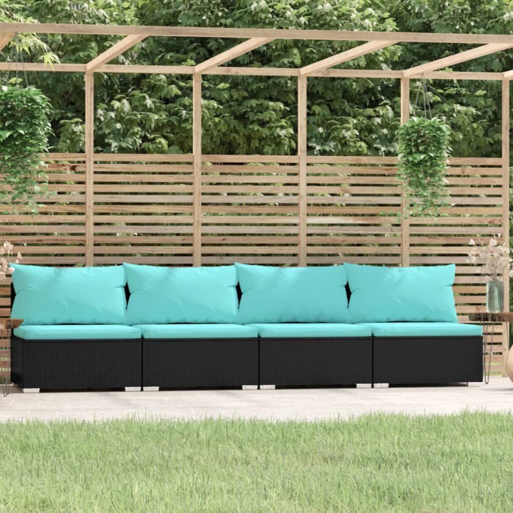 Vierzitsbank met kussens poly rattan zwart – afbeelding 1