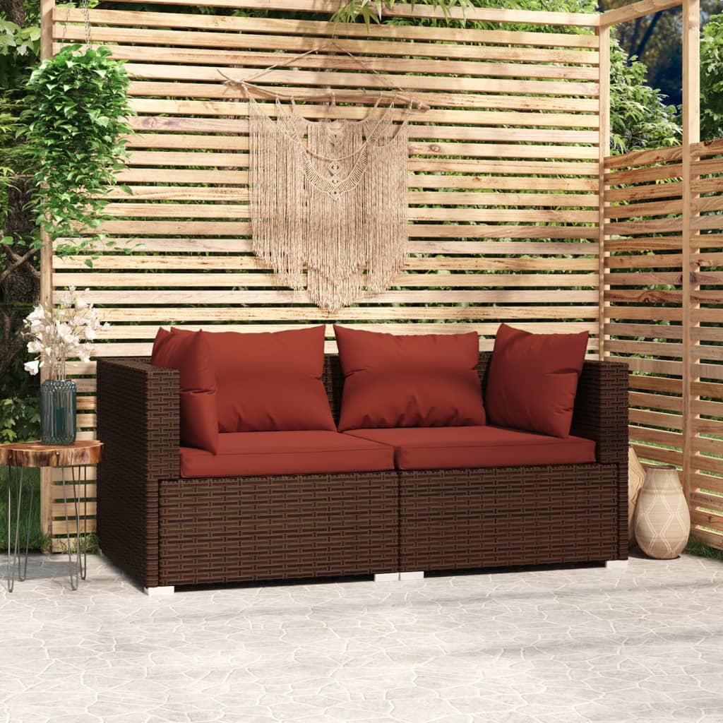 Bank 2-zits met kussens poly rattan bruin – afbeelding 1