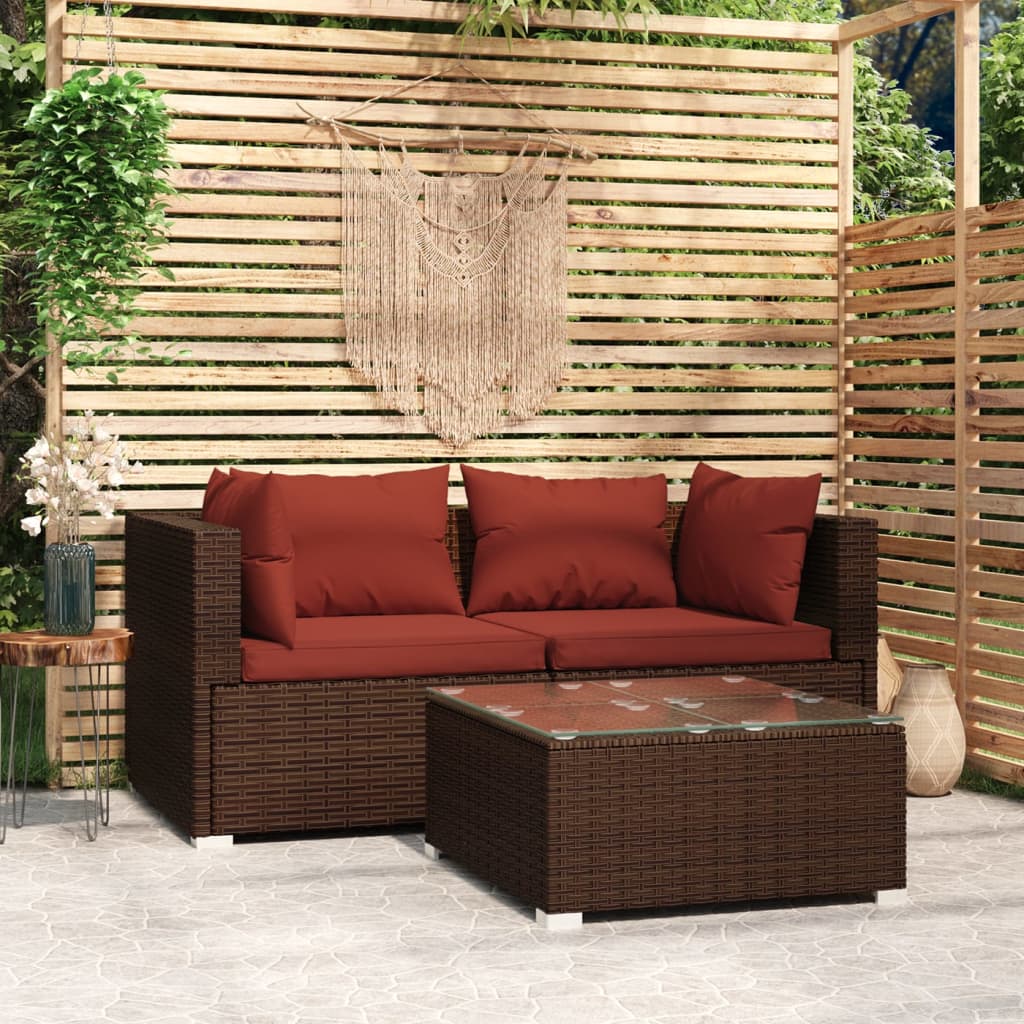 3-delige Loungeset met kussens poly rattan bruin – afbeelding 1