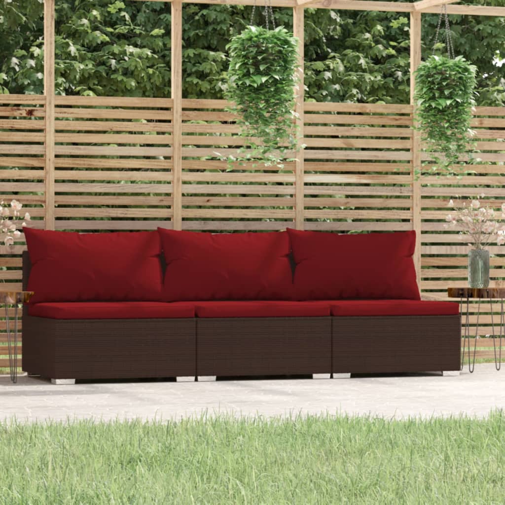 Bank 3-zits met kussens poly rattan bruin – afbeelding 1
