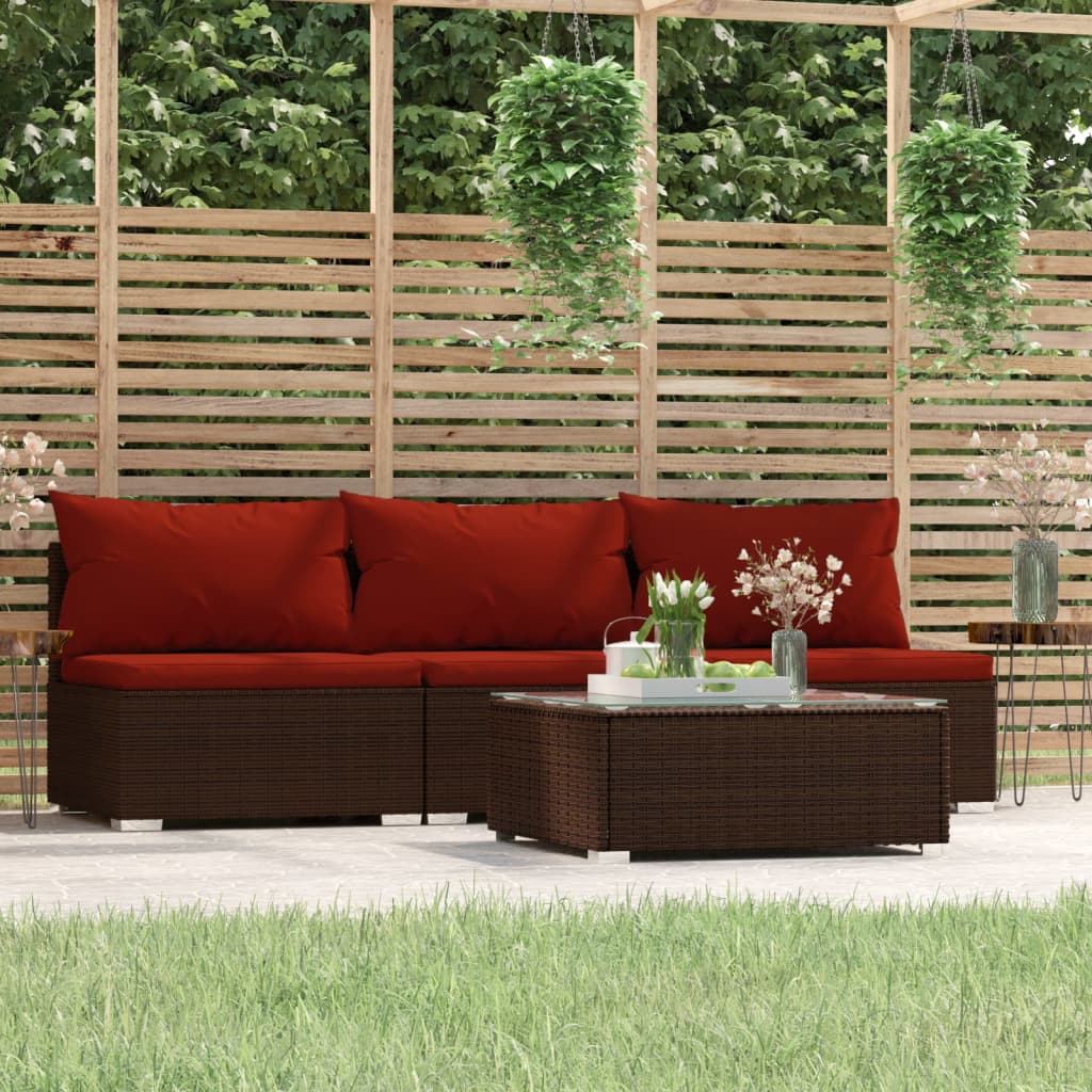 4-delige Loungeset met kussens poly rattan bruin