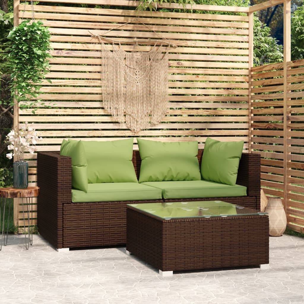 3-delige Loungeset met kussens poly rattan bruin – afbeelding 1