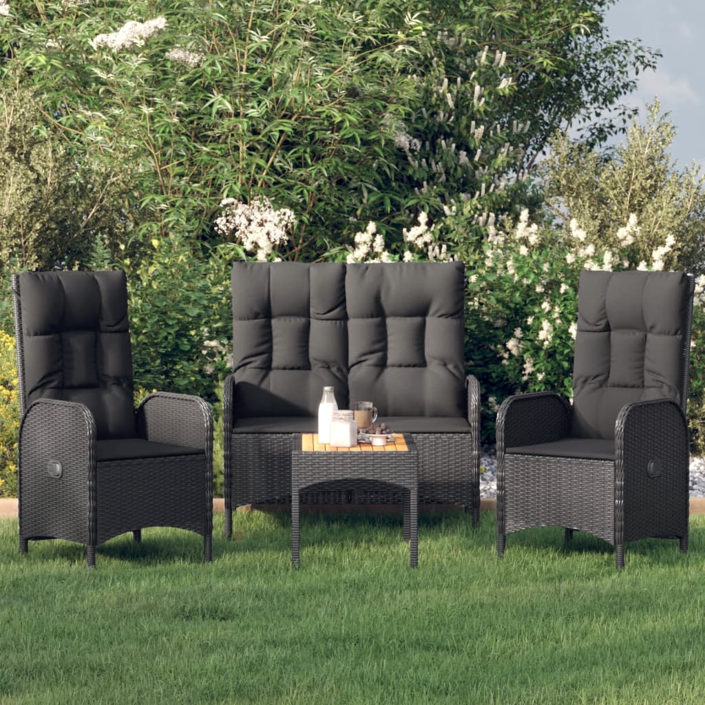 4-delige Tuinset met kussens poly rattan zwart