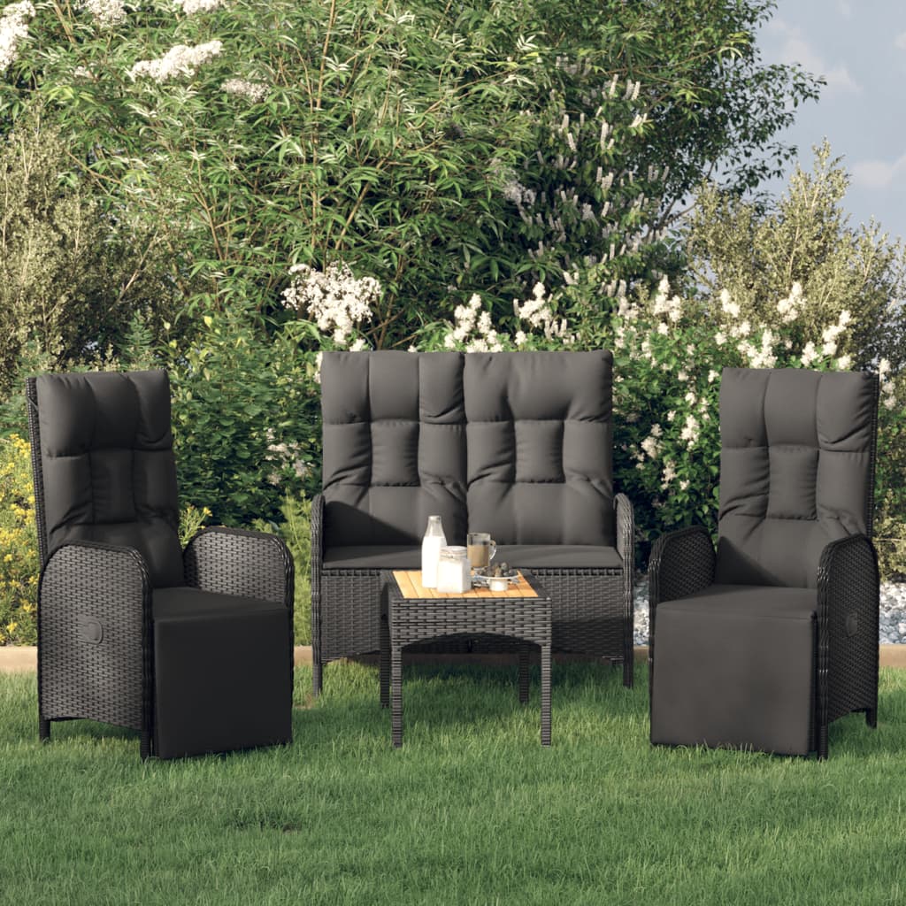 4-delige Tuinset met kussens poly rattan zwart – afbeelding 1