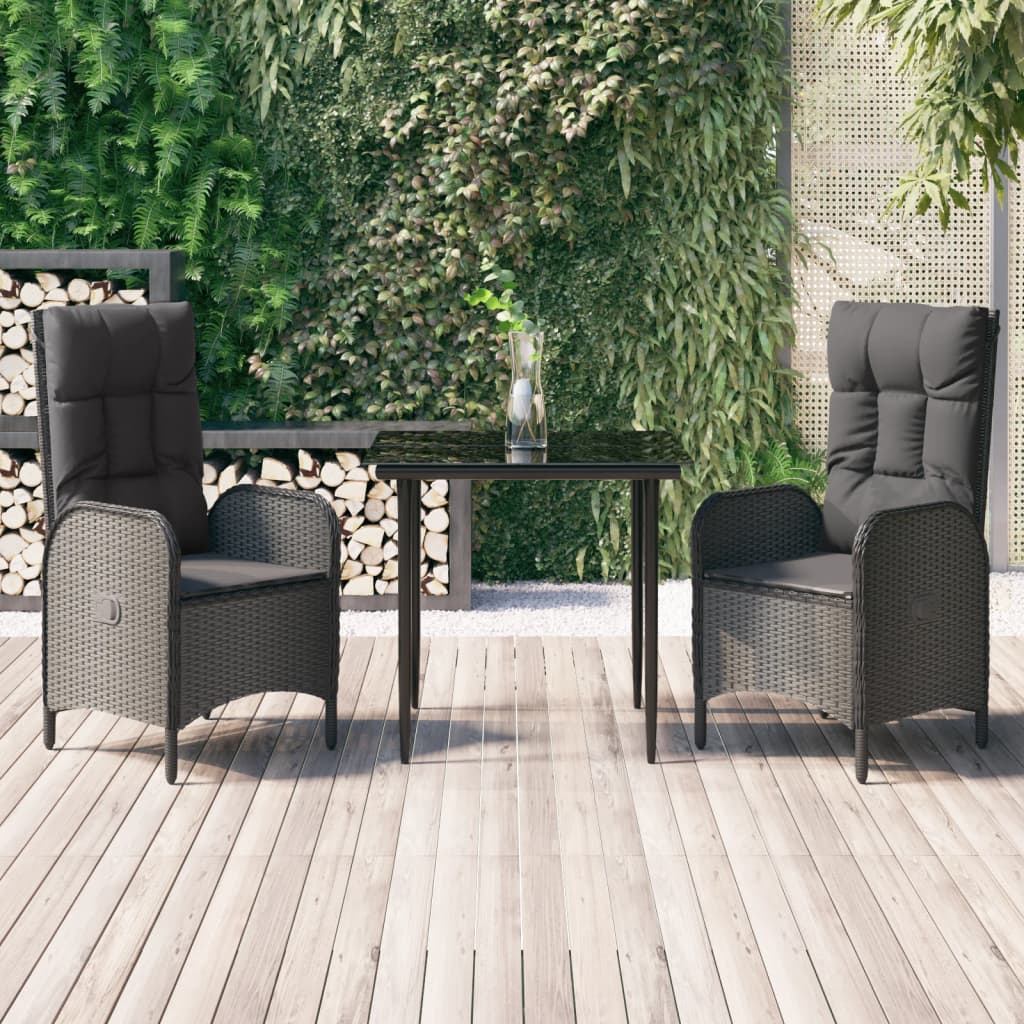 3-delige Tuinset met kussens poly rattan zwart – afbeelding 1