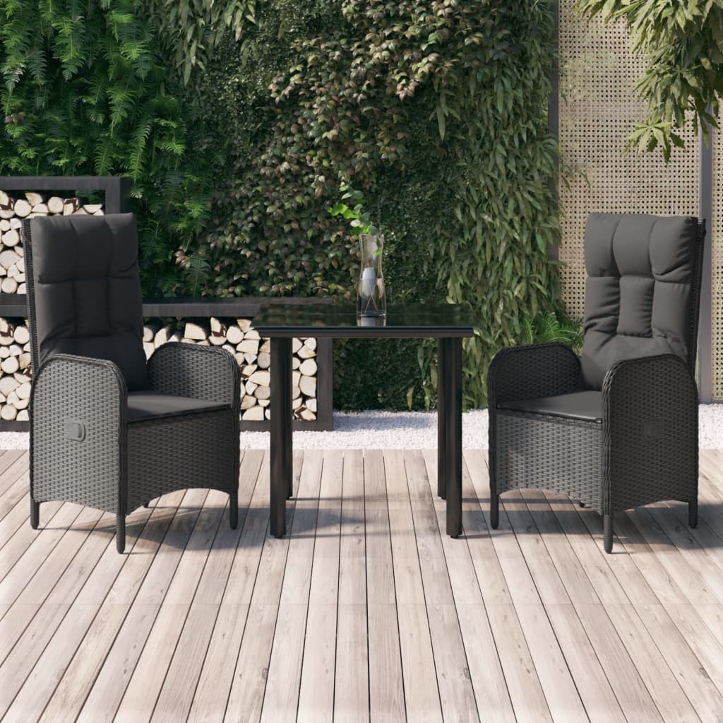 3-delige Tuinset met kussens poly rattan zwart – afbeelding 1
