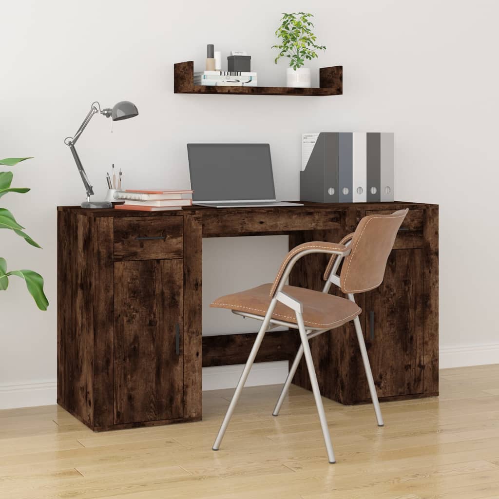 Bureau met kast bewerkt hout gerookt eikenkleurig