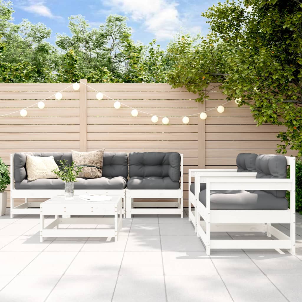 6-delige Loungeset met kussens massief hout wit – afbeelding 1