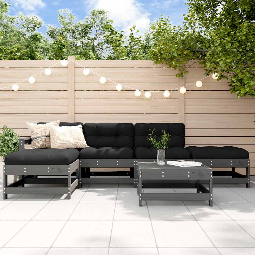 6-delige Loungeset met kussens massief hout grijs