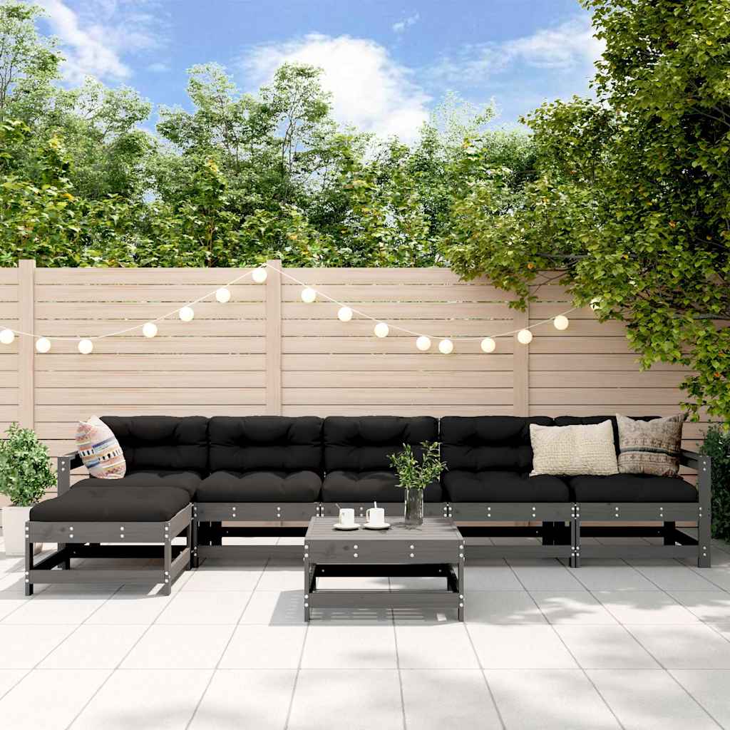 7-delige Loungeset met kussens massief hout grijs