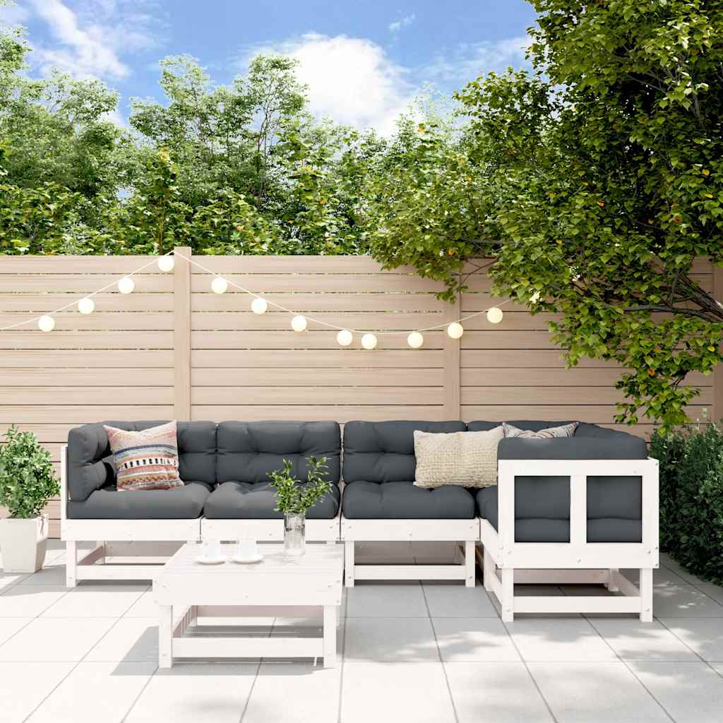 6-delige Loungeset met kussens massief hout wit – afbeelding 1