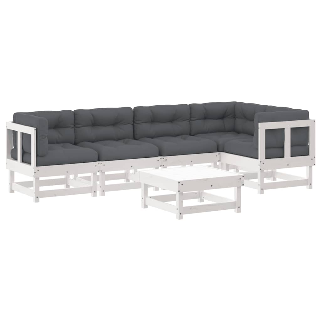 6-delige Loungeset met kussens massief hout wit – afbeelding 2
