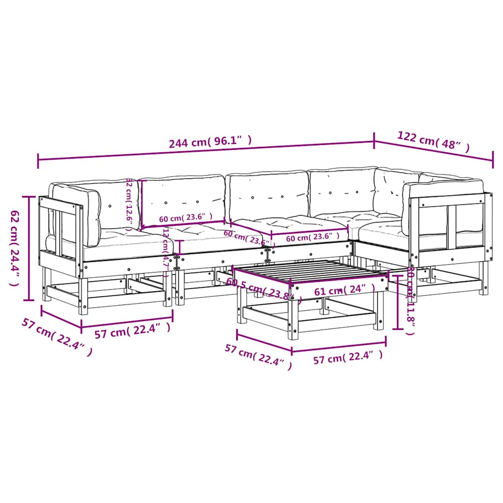 6-delige Loungeset met kussens massief hout wit – afbeelding 9