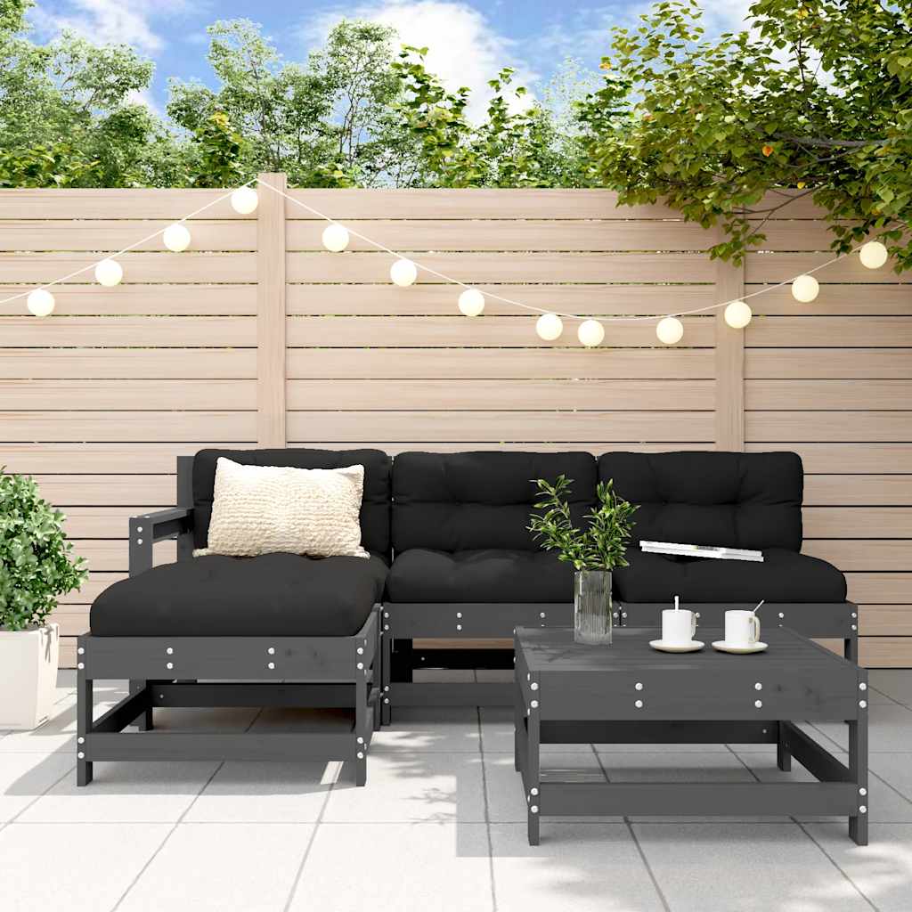 5-delige Loungeset met kussens massief hout grijs