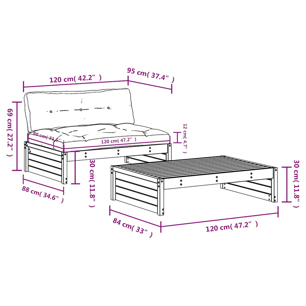 2-delige Loungeset met kussens massief hout zwart – afbeelding 8