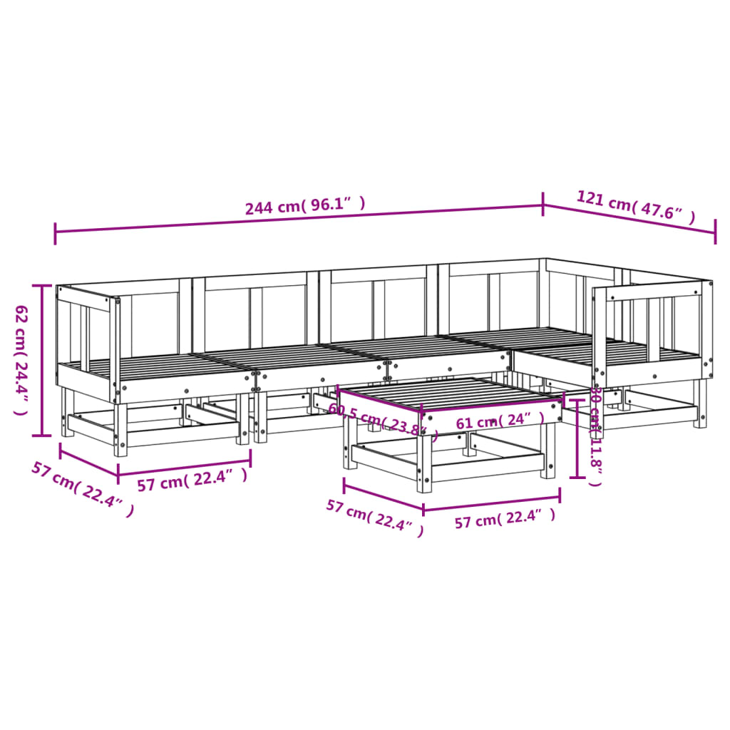 6-delige Loungeset massief grenenhout wit – afbeelding 8