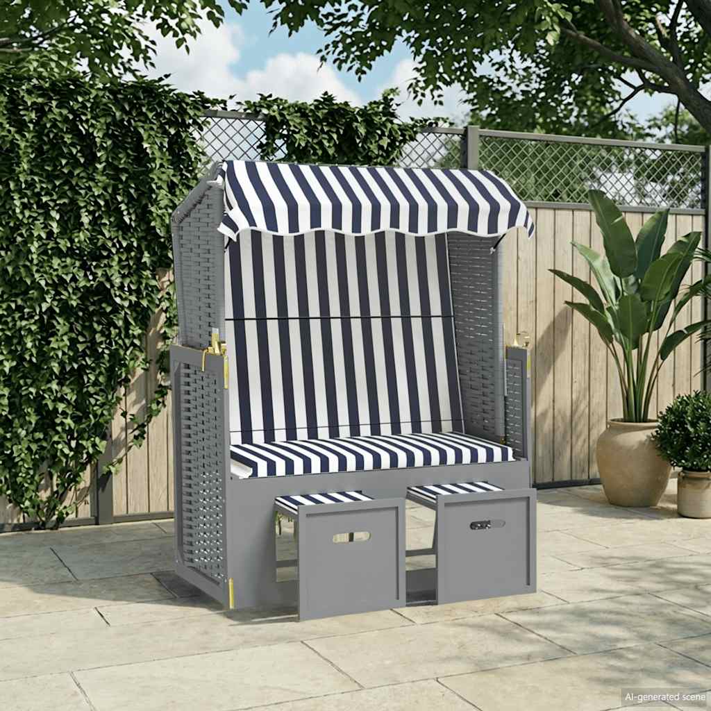 Strandstoel met luifel poly rattan en massief hout blauw en wit