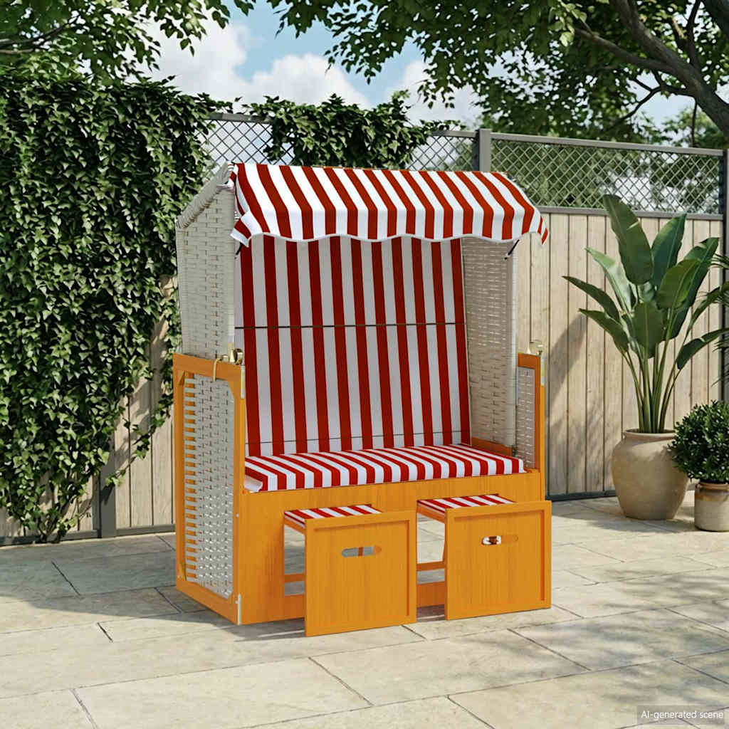 Strandstoel met luifel poly rattan en massief hout rood en wit