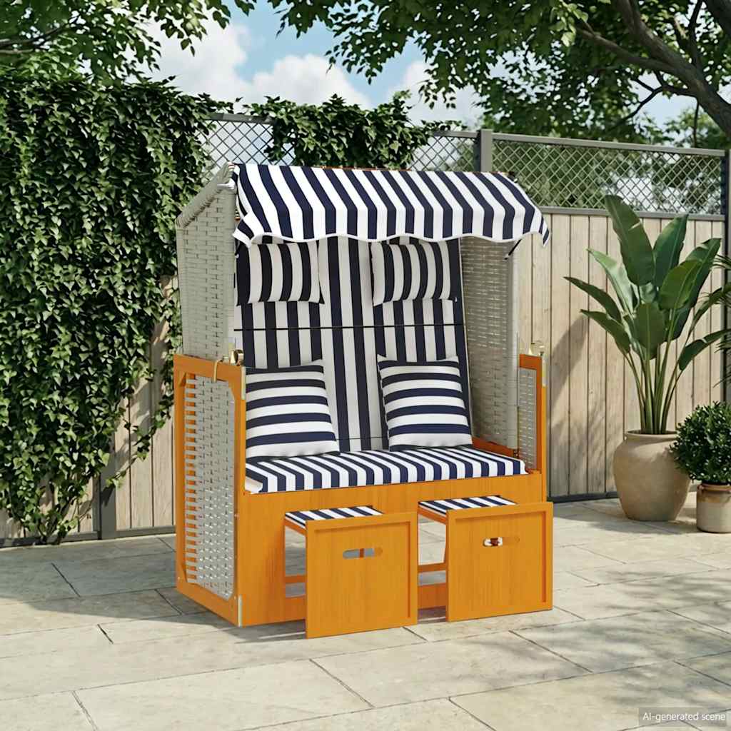 Strandstoel met kussens poly rattan en hout wit en blauw
