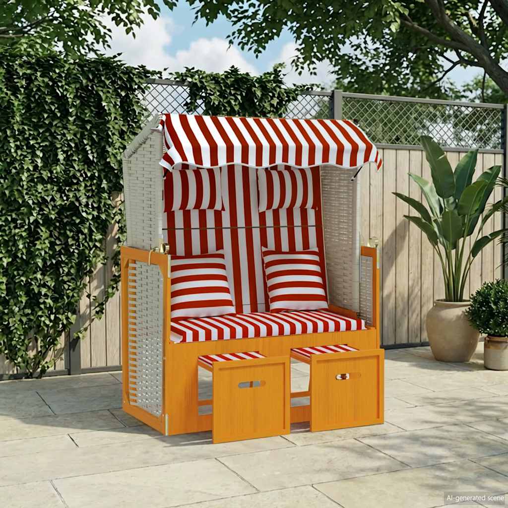Strandstoel met kussens poly rattan en hout rood en wit