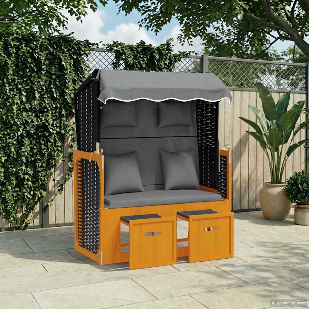 Strandstoel met kussen poly rattan en hout zwart en antraciet