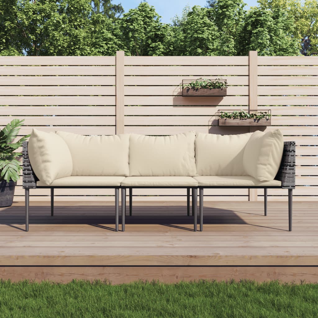 3-delige Loungeset met kussens poly rattan grijs