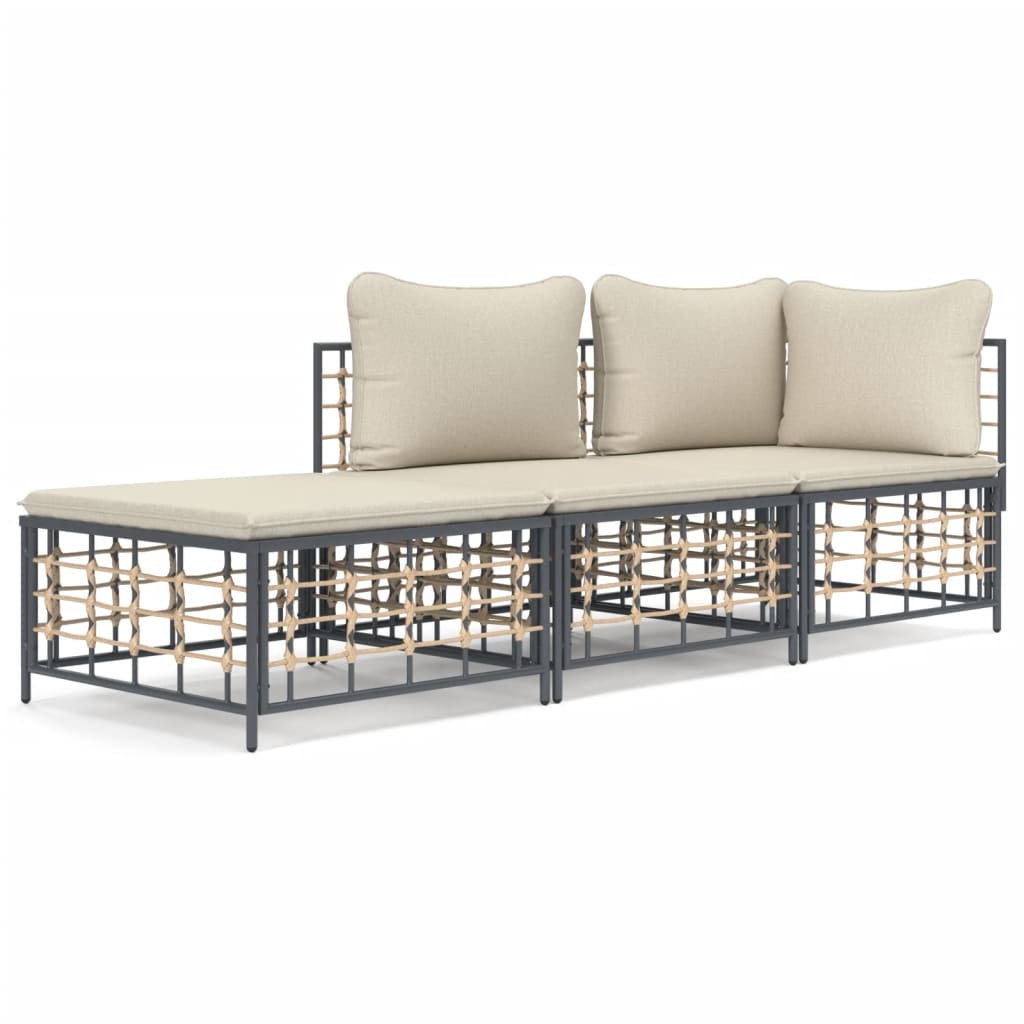 3-delige Loungeset met kussens poly rattan antracietkleurig – afbeelding 2