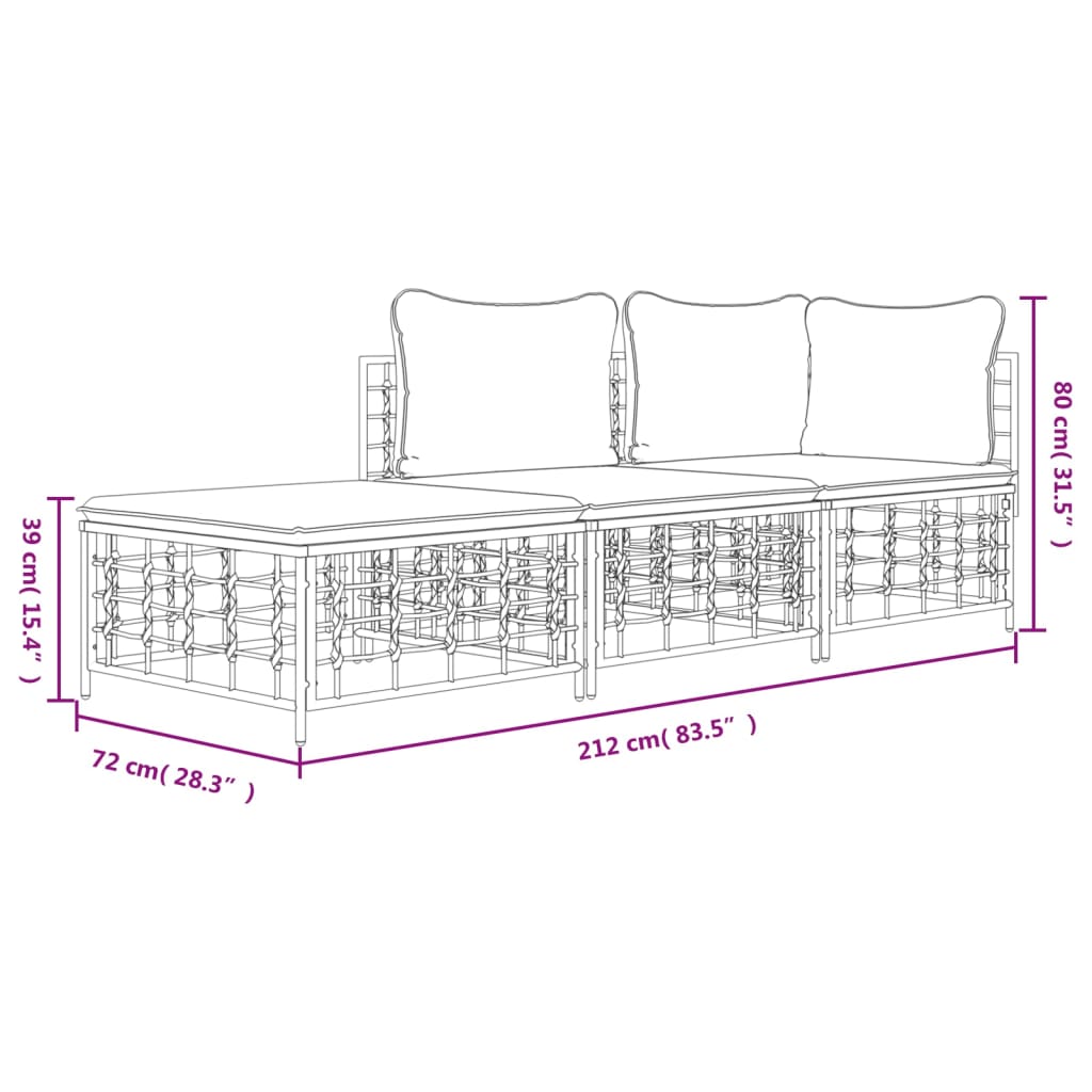 3-delige Loungeset met kussens poly rattan antracietkleurig – afbeelding 9